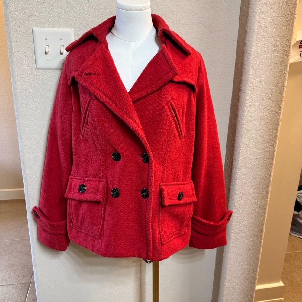 American Eagle Wool Blend Red Peacoat  Flannel Plaid Lined Women’s Sz L